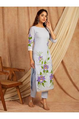 Blue hand painted long cotton kurta set 5
