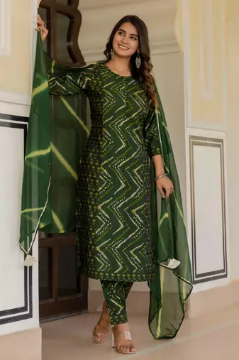 Green floral printed regular kurta with palazzos  dupatta