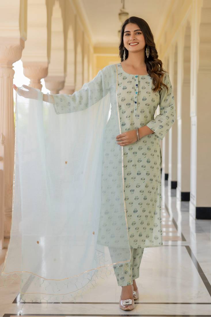 Green floral printed regular kurta with palazzos  dupatta