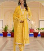 Yellow floral printed regular kurta with palazzos  dupatta