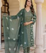 Green floral printed regular kurta with palazzos  dupatta