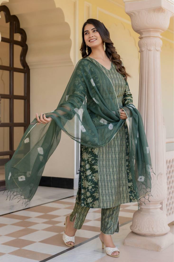 Green floral printed regular kurta with palazzos  dupatta