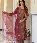 Red floral printed regular kurta with palazzos  dupatta