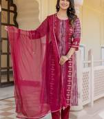Red floral printed regular kurta with palazzos  dupatta