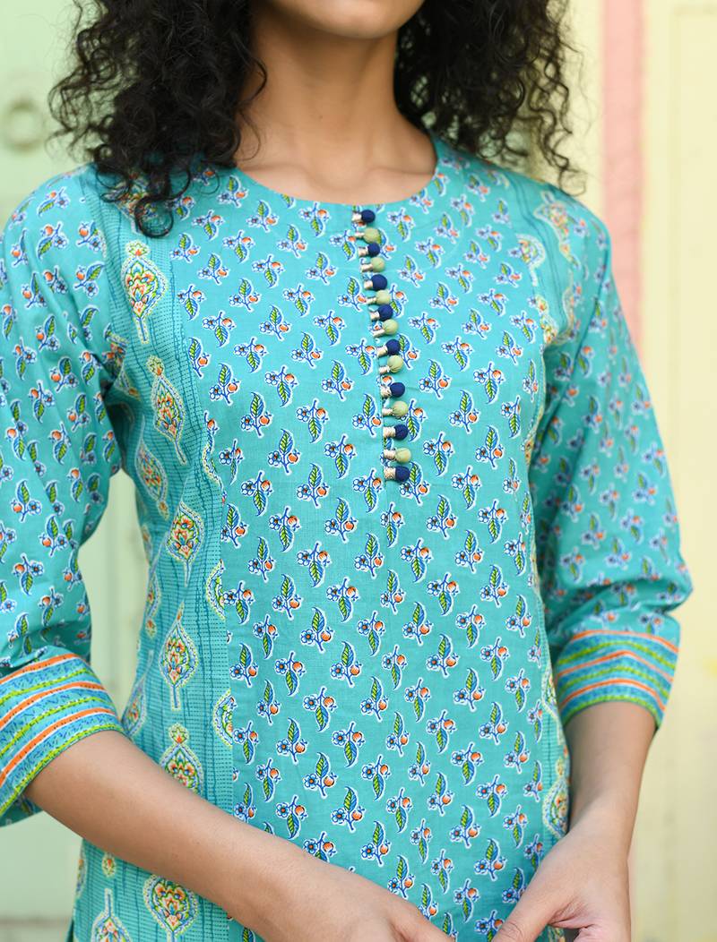 Green floral printed regular pure cotton kurta with trousers & with dupatta