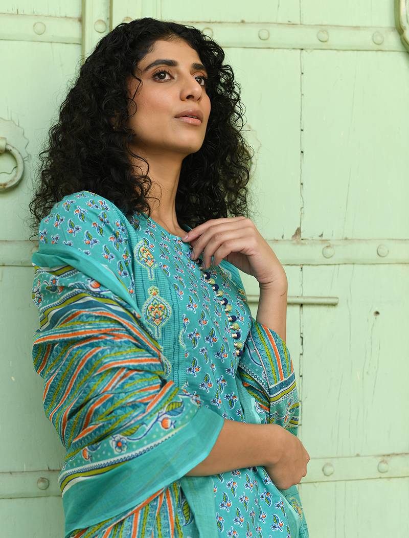 Green floral printed regular pure cotton kurta with trousers & with dupatta