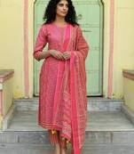 Pink floral printed regular pure cotton kurta with trousers & with dupatta