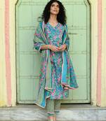 Blue floral printed regular pure cotton kurta with trousers & with dupatta