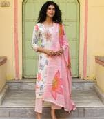 White floral printed regular pure cotton kurta with trousers & with dupatta