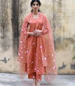 Orange floral printed regular pure cotton kurta with trousers & with dupatta