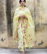 Yellow floral printed regular pure cotton kurta with trousers & with dupatta