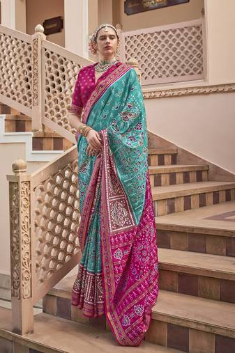 Turquoise pure sigma silk printed patola saree