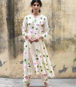 Cream floral printed regular pure cotton kurta with trousers