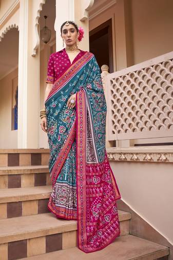 Teal pure sigma silk printed patola saree