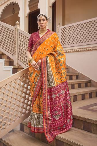 Yellow pure sigma silk printed patola saree