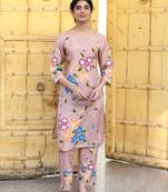 Brown floral printed regular pure cotton kurta with trousers & with dupatta