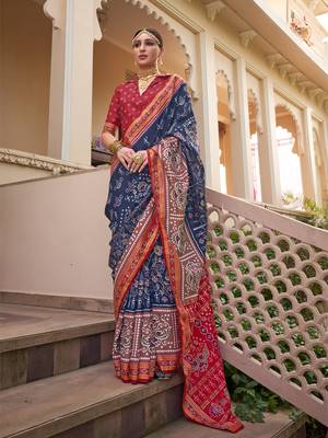 Dark blue pure sigma silk printed patola saree 1