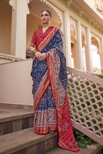 Dark blue pure sigma silk printed patola saree