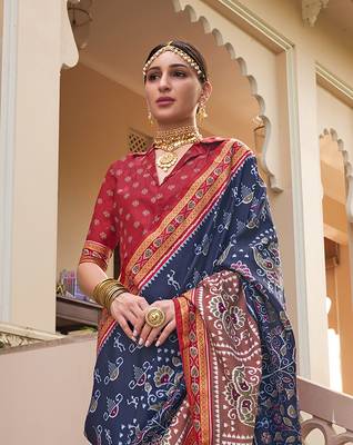 Dark blue pure sigma silk printed patola saree 3