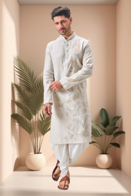 Off white linen embroidery dhoti kurta set 1