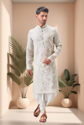 Off white linen embroidery dhoti kurta set 2