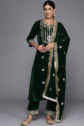 Dark Green Velvet Embroidery Salwar Suit Set Kurta Pant with Dupatta