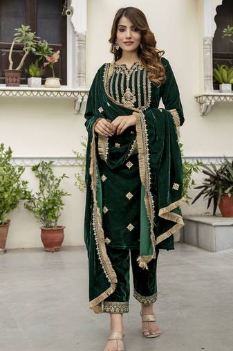 Dark Green Velvet Embroidery Salwar Suit Set Kurta Pant with Dupatta