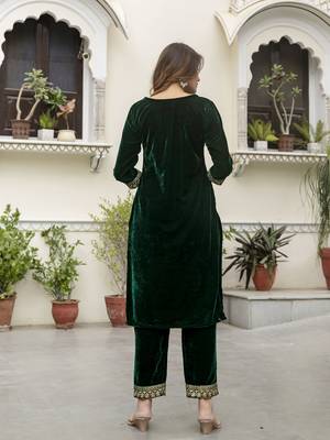 Trendmalls Dark Green Velvet Embroidery Salwar Suit Set Kurta Pant with Dupatta 3