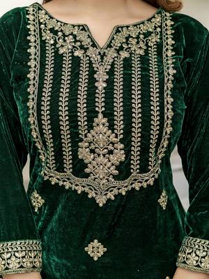 Trendmalls Dark Green Velvet Embroidery Salwar Suit Set Kurta Pant with Dupatta 5