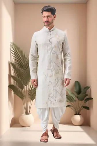 Off white linen embroidery dhoti kurta set