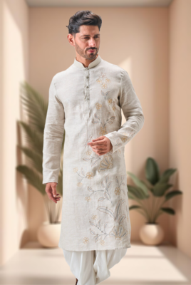 Off white linen embroidery dhoti kurta set 4