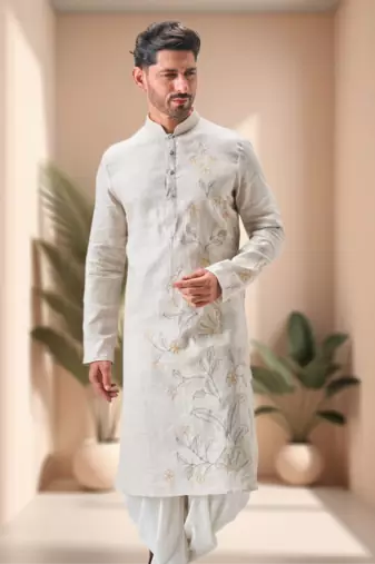 Off white linen embroidery dhoti kurta set
