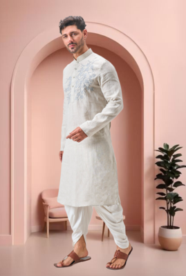 Off white linen embroidery dhoti kurta set 1