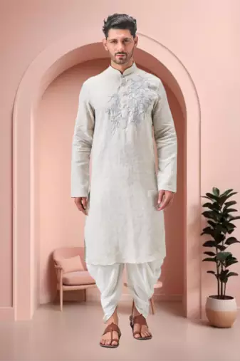 Off white linen embroidery dhoti kurta set