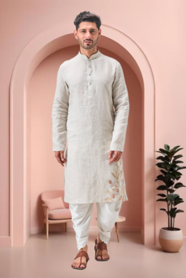 Off white linen embroidery dhoti kurta set 1