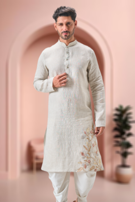 Off white linen embroidery dhoti kurta set 3