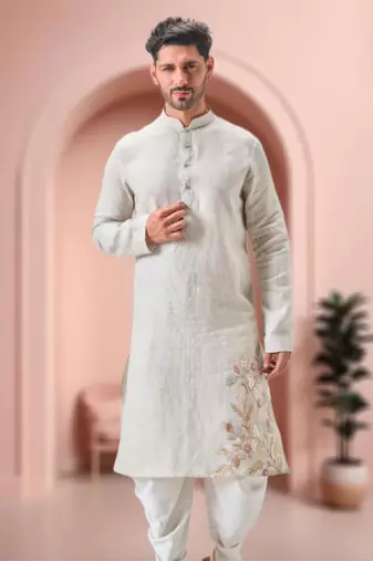 Off white linen embroidery dhoti kurta set