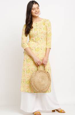 Yellow women's pure cambric cotton jaipuri printed kurti 1