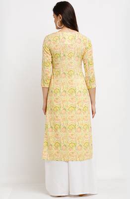 Yellow women's pure cambric cotton jaipuri printed kurti 2