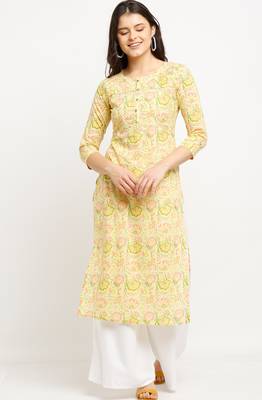Yellow women's pure cambric cotton jaipuri printed kurti 3