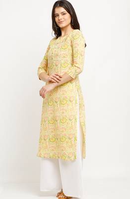 Yellow women's pure cambric cotton jaipuri printed kurti 4