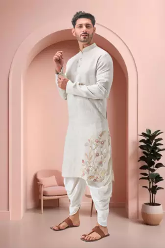 Off white linen embroidery dhoti kurta set