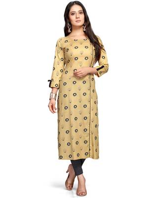 Beige women's rayon slub jaipuri printed kurti 1