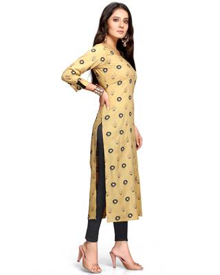 Beige women's rayon slub jaipuri printed kurti 3