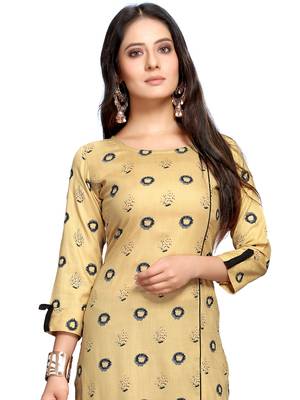 Beige women's rayon slub jaipuri printed kurti 5