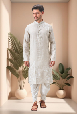 Off white linen embroidery dhoti kurta set 1