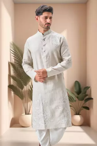 Off white linen embroidery dhoti kurta set
