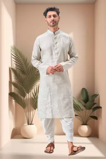 Off white linen embroidery dhoti kurta set