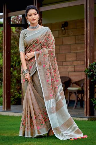 brown linen resham dori work traditional tassle saree