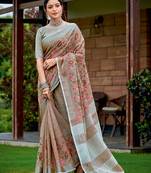 brown linen resham dori work traditional tassle saree